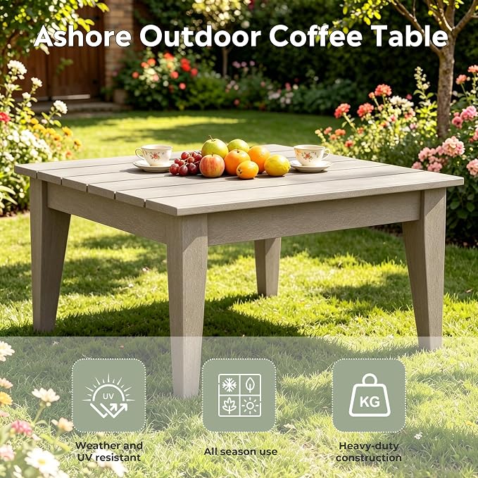 WestinTrends Ashore Outdoor Coffee Table, 32 Inch All Weather Poly Lumber Adirondack Patio Coffee Table Square Low Table, Weathered Wood