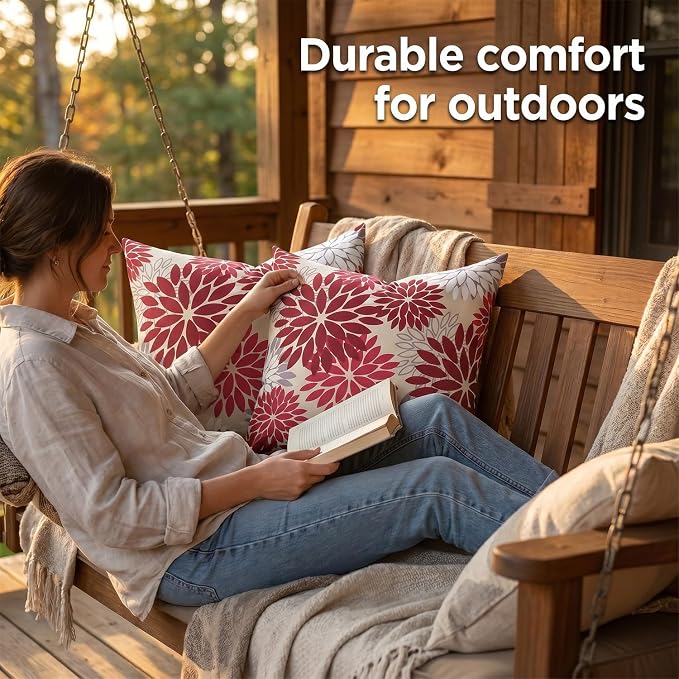 Set of 2 Dahlia Throw Pillow Covers 18×18 Inches Outdoor Waterproof Throw Pillow Cases Red and Pink Decorative Cushion Covers for Patio Funiture Garden Living Room