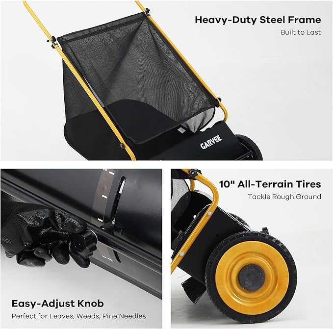 Garvee Push Lawn Sweeper, 26 in Leaf & Grass Collector with 7 Cu. ft. Hopper Bag, 4 Spinning PP Brushes, Durable Steel Construction, Adjustable Height & Rubber Tires for Leaves Grass Cleanup