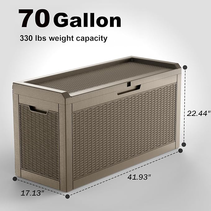 70 Gallon Outdoor Storage Box Waterproof Outside Resin Deck Box, Lockable Storage Bin for Patio Furniture,Garden Tools,Cushions(Grey)
