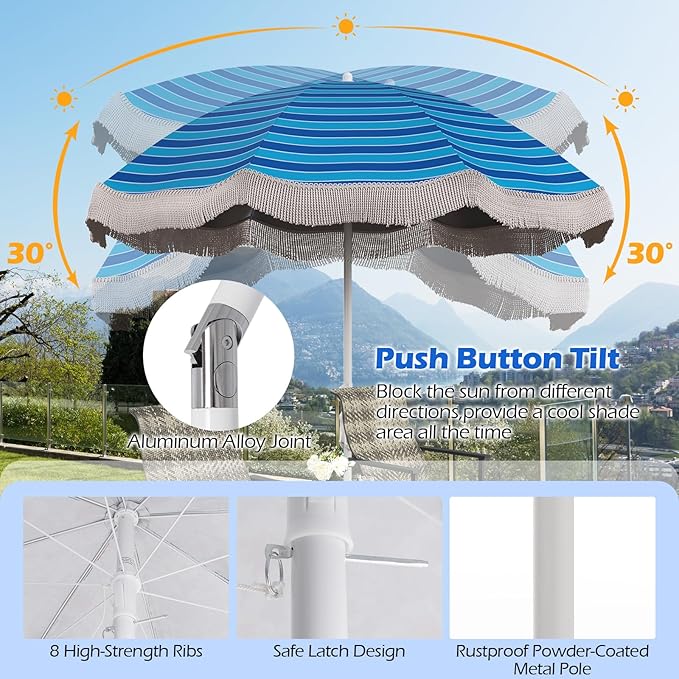 6.5 FT Outdoor Fringe Umbrella, UV 50+ Protection Boho Umbrella with Sand Anchor, Tilt Sun Shelter& 8 Ribs, Portable Beach Umbrella with Carry Bag, Vintage Patio Umbrella for Deck Poolside