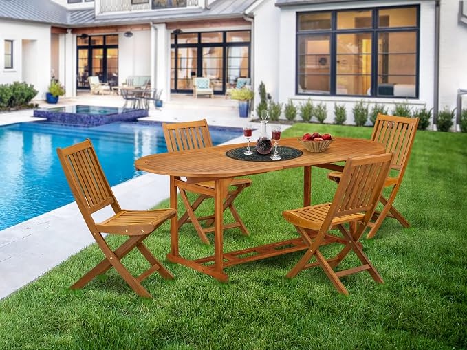 East West Furniture BSDK5CWNA 5 Piece Patio Dining Set Includes an Oval Outdoor Acacia Wood Table and 4 Folding Side Chairs, 36x79 Inch, Natural Oil