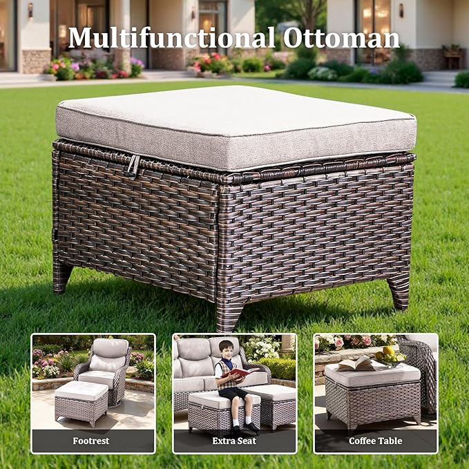 Luxury Patio Furniture Set with 42.5" Fire Pit Table, 6 Pieces High Back All Weather Wicker Outdoor Furniture w/ 6-Inch Thick Cushions, Patio Swivel Chairs Couch for Deck Balcony Backyard Brown/Beige