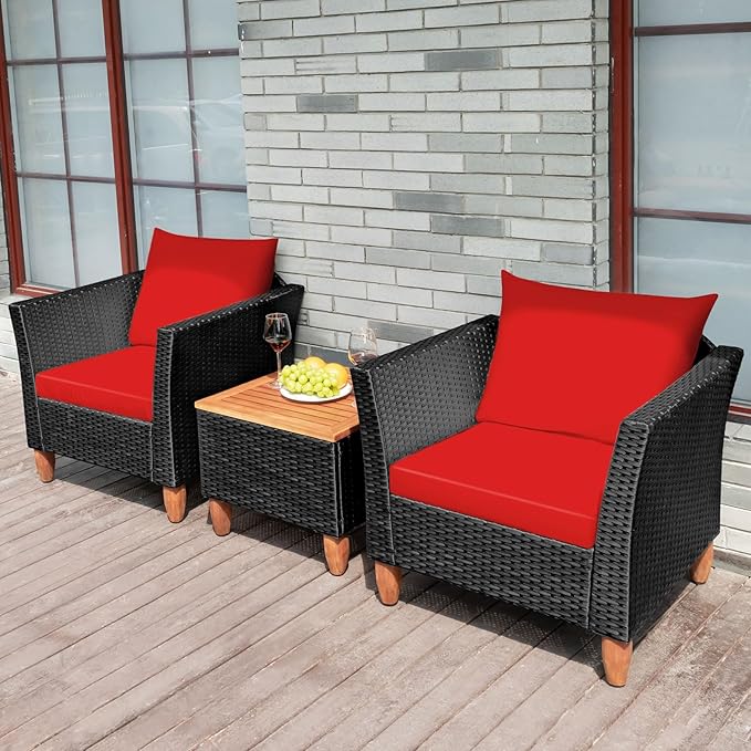 COSTWAY 3 Pieces Patio Rattan Furniture Set, Outdoor Wicker Conversation Chairs Set with Acacia Wood Coffee Table & Washable Cushion, Porch Furniture Bistro Set for Balcony, Garden, Backyard, Red