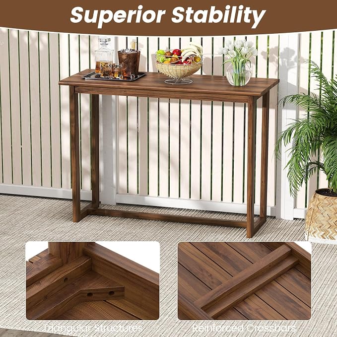 Tangkula 59 Inch Outdoor Bar Table, Teak Wood Rectangle Patio Bar Height Pub Table with Slatted Top, for Balcony, Garden and Poolside