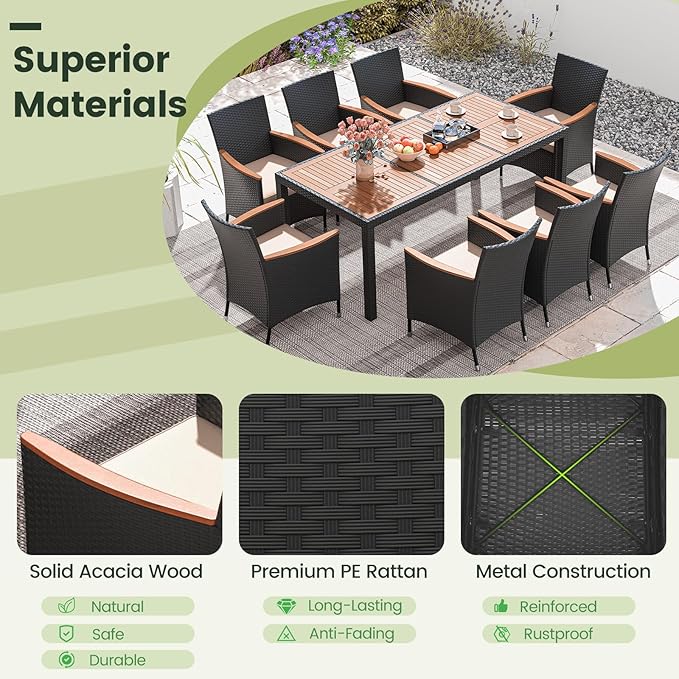 Tangkula 11 Pieces Patio Dining Set with Double-Sided Led Patio Umbrella (Base Included), with 8 Stackable Chairs, Acacia Wood Dining Table and Large Umbrella with Solar Lights (Turquoise + Off White)