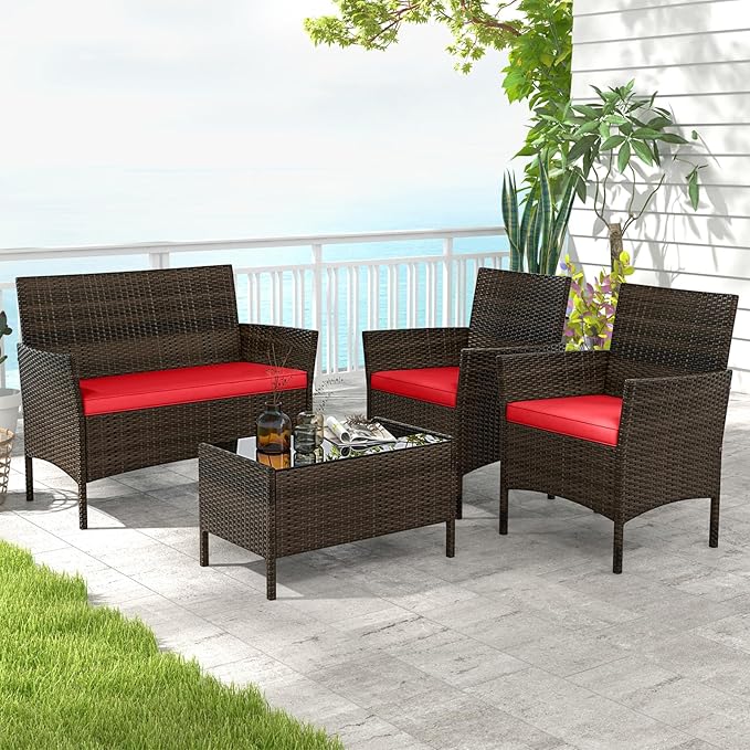 HAPPYGRILL 4 Pieces Outdoor Rattan Conversation Set, Patio Wicker Furniture Set with Loveseat Chairs & Tempered Glass Coffee Table, Outside Sectional Sofa Set for Backyard Garden Poolside, Red