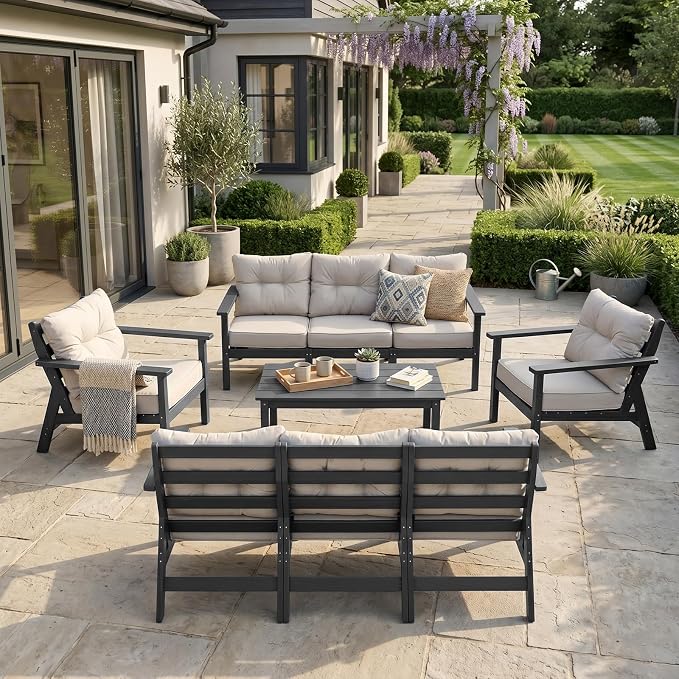HDPE Patio Conversation Set 8 Seats, Outdoor Furniture Set, Patio Sofa Set | Water-Resistant Thick Cushion, HDPE All Weather, Wood-Grain, No Rot or Rust or Crack, UV Fade Shield, Easy-Clean for Outside