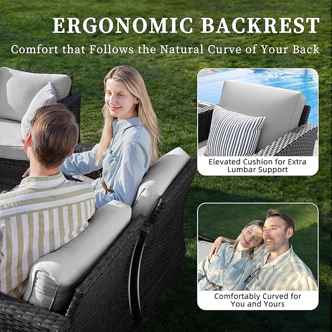 UDPATIO Patio Furniture Set with Fire Pit Table and Swivel Rocking Chairs, 6 Pieces Outdoor Wicker Furniture Set with Waterproof Cover, 4'' Thickened Cushion, Light Grey