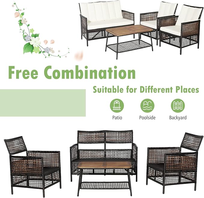 Tangkula 8 Pieces Patio Furniture Set, Outdoor PE Wicker Conversation Set with 2-Tier Coffee Table, Acacia Wood Tabletop & Extra Storage Shelf, Outdoor Furniture Sofa Set w/Cushions (2, Off White)