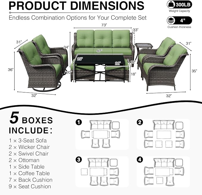 Joyside 9 Piece Wicker Patio Furniture Set, Outdoor Swivel Rocker Patio Chairs with High Back, Deep Seating, Wide Armrest, Thickened Cushions, Outdoor Furniture for Deck, Porch Use