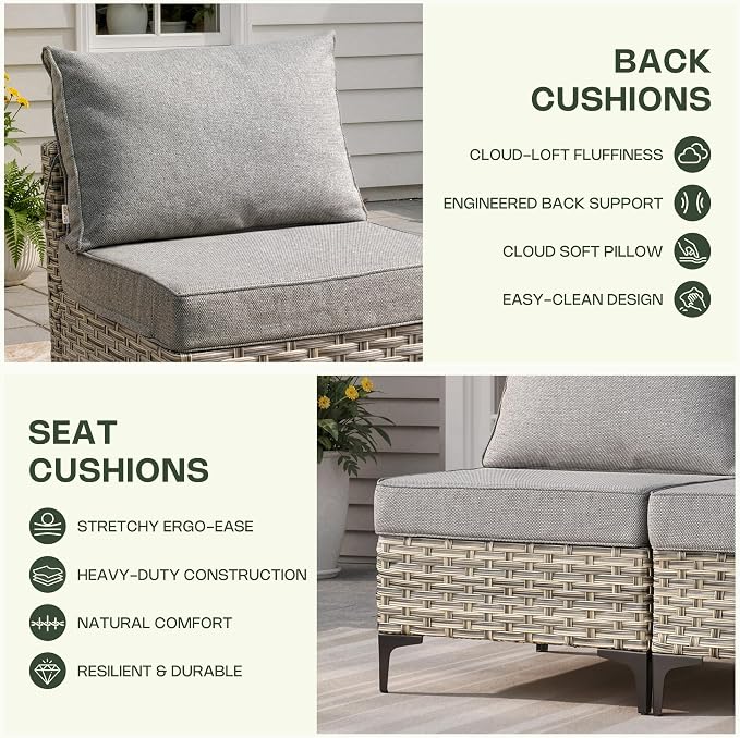 10 Pieces Patio Furniture Set, Outdoor Conversation Set with 360° Swivel Rocker Chairs, Wicker Sectional Sofa & Solar Coffee Table, High Back Outdoor Furniture L Shaped Couch for Porch Deck, Dark Gray