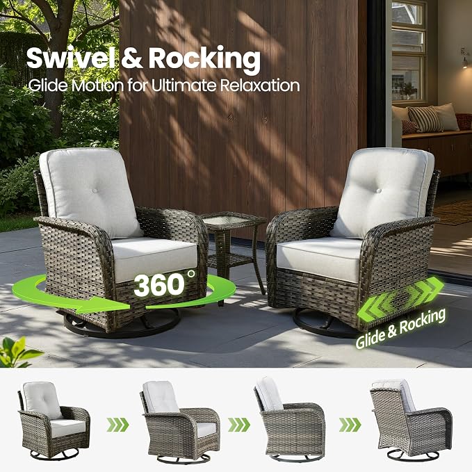 10 Piece Wicker Patio Furniture Set with Firepit, Gray | High Back Swivel Rocker Chairs, 54-inch Fire Pit, Outdoor Sofa Ottoman Solar Lights Table, Conversation Sets, Deck Backyard