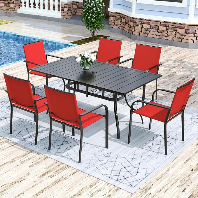 Anmutig 7-Piece Outdoor Dining Set, Powder Coated Steel Table with 6 Stackable Chairs, Red Textilene, 63 x 38 Inch Table