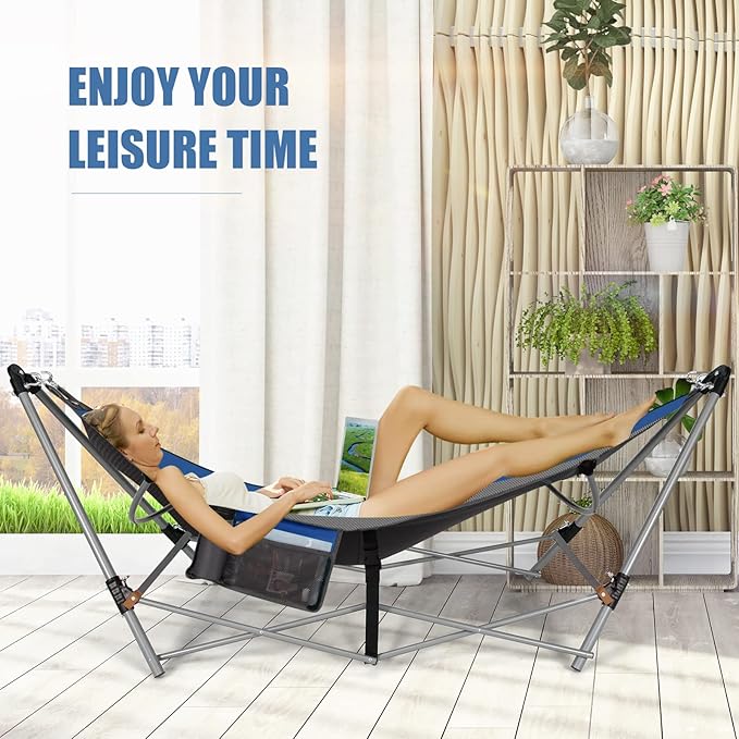 Portable Folding Hammock w/Side Pocket, Lounge Camping Bed w/Metal Stand & Anti-tip Buckles, Outdoor Camping Hammock with Carrying Bag for Patio Garden Yard, Easy Assembly (Blue)