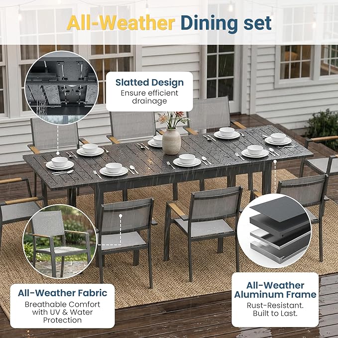 FansaFurn Patio Furniture Set with 92" Extendable Dining Table, Patio Table Set for 4–8 People, All-Weather Aluminum Outdoor Furniture, Outdoor Dining Set for Backyard, Porch, and Garde, Grey