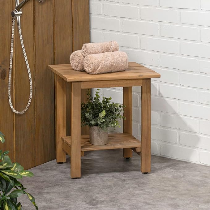 JONATHAN Y Kellie 16" Modern Light Teak Acacia Wood Outdoor Side Table with 2-Tier Storage, Weather-Resistant Rectangular Slatted End Table for Patio, Garden, Deck, and Porch END6001T