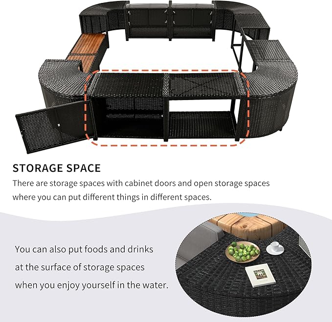 LUMISOL Spa Surround Spa Frame, Quadrilateral Outdoor Rattan Sectional Sofa Set with Sofa, Wood Seats and Storage Spaces for Free Combination, Patio Conversation Set for Poolside Garden, Gray