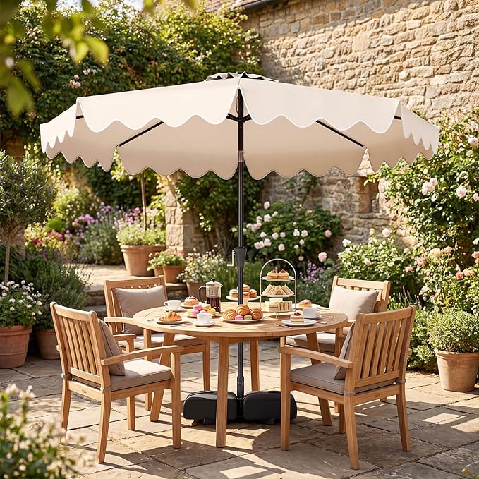 Tangkula 10 FT Solar Patio Umbrella with Base Included, 2-Tiers Outdoor Scalloped Table Umbrella with 32 LED Lights, 2 Sandbags, Tilt Adjustment, Crank, 8 Ribs for Market Backyard Pool Deck Beach Lawn (Beige, 10 FT)