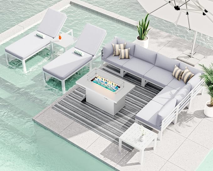 RADIATA 11pcs Modern Aluminum Patio Furniture Set with 43'' Propane Fire Pit Table (White)