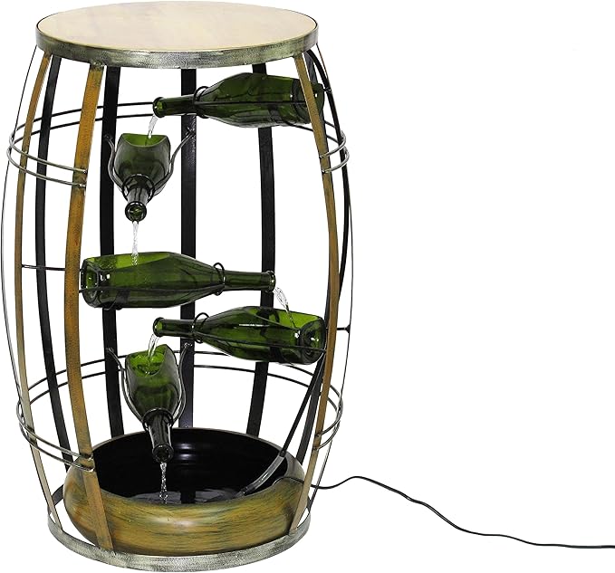 Vintage Metal Barrel Cascading Waterfall Fountain with Tiered Wine Bottles, Outdoor Water Feature, Garden Yard Patio Decor, Large Decorative Fountain