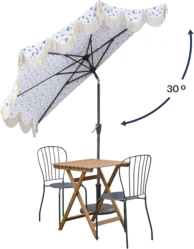 JONATHAN Y Beverly 9 ft. Coastal Blue and White Chinoiserie Half Patio Umbrella with Scalloped Fringe, Crank Lift, and Manual Tilt for Balcony, Dark Brown Pole UMB1201G