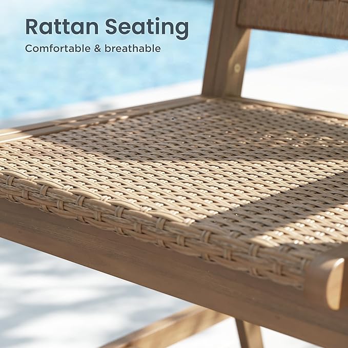 PHI VILLA Outdoor Acacia Wood Chairs Set of 2, Patio Dining Armchairs with Wicker Back & Seat, Farmhouse Style Teak Seating Furniture for Deck Yard Balcony Garden - Light Brown