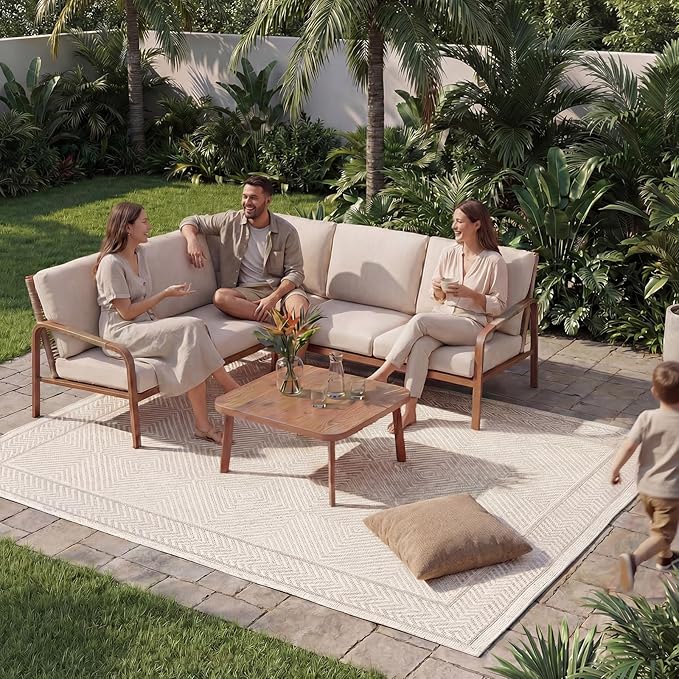 4-Piece Aluminum Outdoor Furniture Set with Coffee Table – 2-Seat Sofa with Cushions, All-Weather Metal Frame, Perfect for Patio, Garden, and Balcony,Beige (Beige, Corner Sofa Set)
