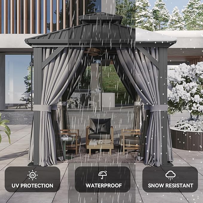 Aoxun 8x8 Hardtop Gazebo, Aluminum Frame Outdoor Gazebo with Double Galvanized Steel Roof, Patio Pavilion with Netting and Curtains, Backyard Gazebo for Patio Deck Garden