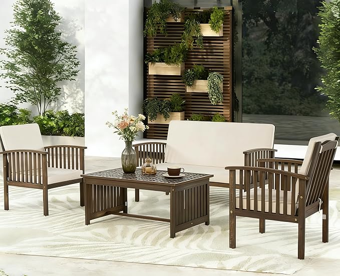 Merax 4 Piece Patio Conversation Table and Chairs Furniture Sets, Acacia Wood Outdoor Dining Couch Sofa for Porch Deck Backyard Lawn Balcony Bistro, Grey+Cream