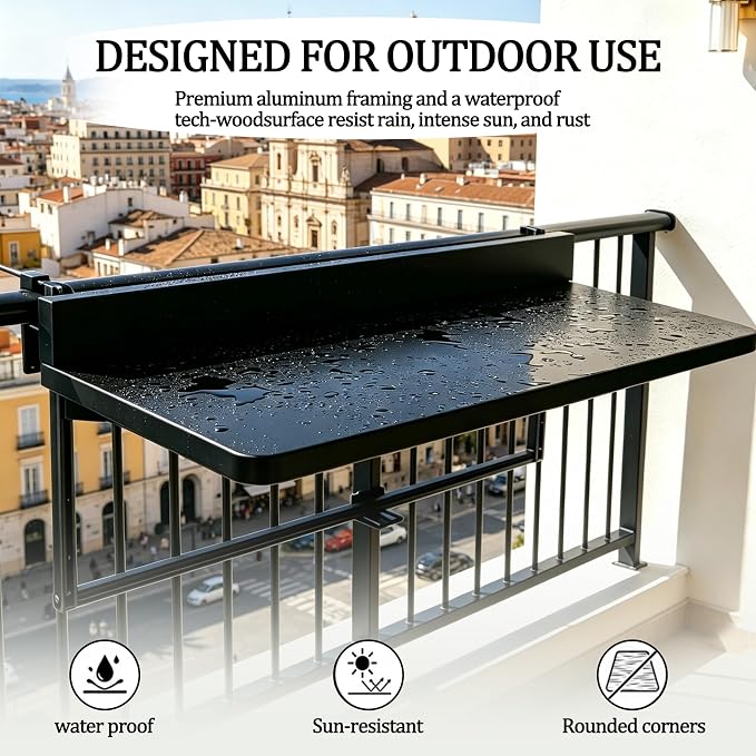 Balcony Bar Table Hanging for Railings, Outdoor Adjustable Height Folding Deck Rail Table for Patio, Garden, Renter-Friendly Space Saving, Aluminum Weatherproof Fits Round/Square Rails, Black