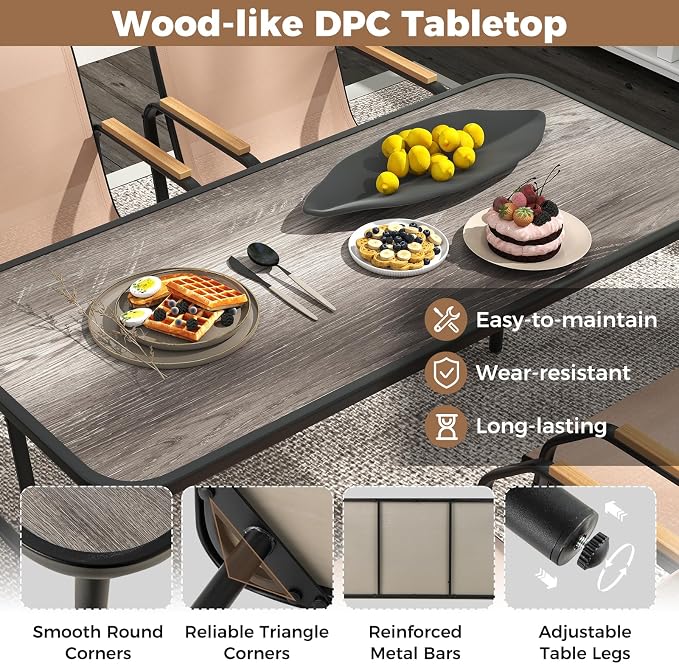Tangkula 5 Pieces Patio Dining Sets, Outdoor Rectangular Dining Table & 4 Fabric Chairs with Wood-Like Armrests & Metal Frame, Patio Furniture Set for Garden Yard Porch Deck Poolside (Brown)