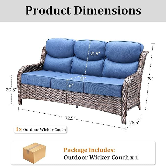 71'' Patio Couch Outdoor Wicker Sofa, Heavy Duty All-Weather Rattan 3-Seater Sofa with Deep Seating and Removable Cover, Outdoor Patio Furniture for Deck Porch Sunroom Backyard Brown/Blue