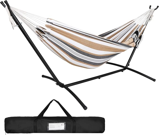 Double Hammock with 9FT Space Saving Steel Stand, 2-Person Portable Hammock with Stand for Outdoor Patio or Indoor, 330 Pounds Capacity, 6 Optional Hook Positions (Khaki)