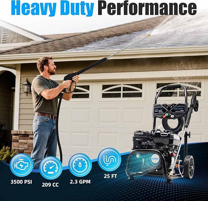 Gas Powered Pressure Washer 3500 PSI - 2.3 GPM Heavy Duty High Power Washer,209CC 7HP Engine with 25Ft Pressure Hose, Axial Aluminum Pump, Soap Tank, 4 Quick Connect Nozzle (Dark)