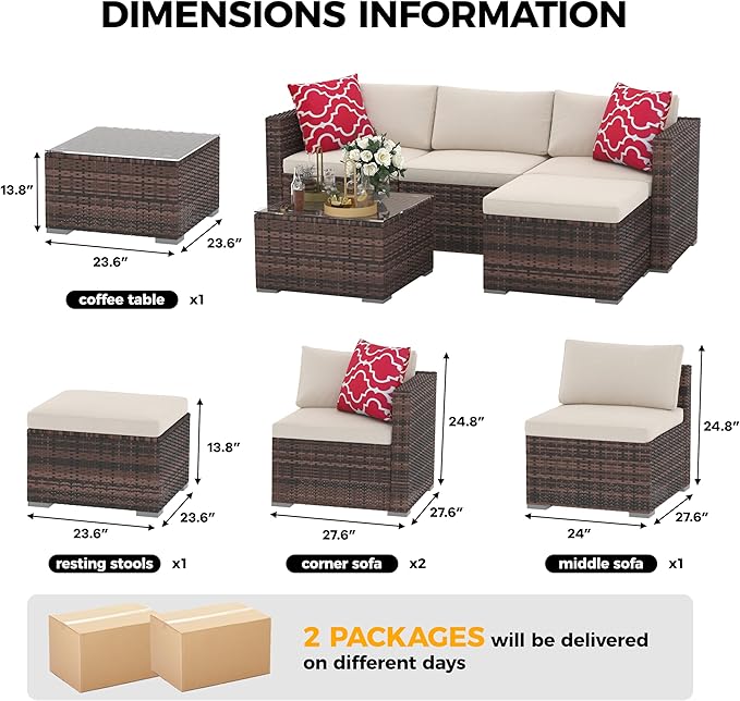 GAOMON 5-Piece Patio Furniture Set, All-Weather PE Rattan Sectional Sofa, Modular Outdoor Conversation Set with Metal Frame, Brown & Beige