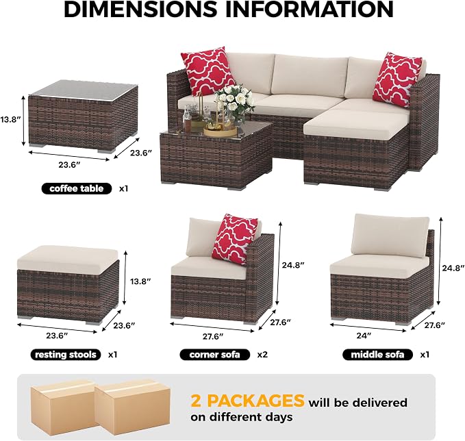 5 Piece Patio Furniture Set, PE Wicker Modern Patio Conversation Set, Outdoor Furniture Set with Glass Coffee Table for Garden, Poolside, Backyard, Brown & Beige