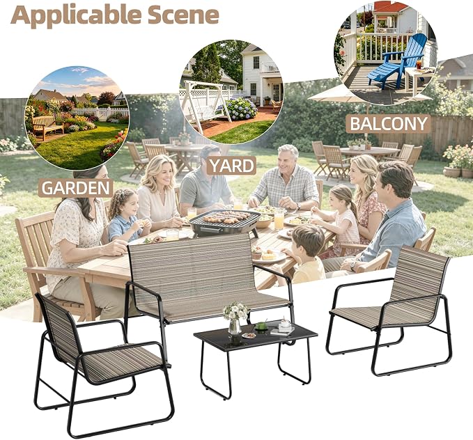 ALAULM 4 Pieces Outdoor Patio Furniture Set, Metal Patio Conversation Set with Easy Assembly Textilene Chairs & Glass Coffee Table for Garden, Backyard, Porch, Poolside-Brown