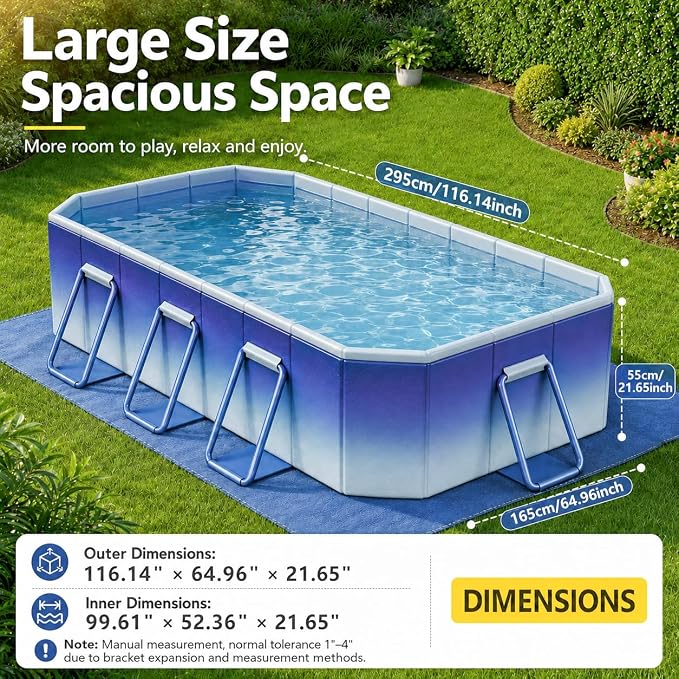 Large Foldable Pool for Adults with Ground Cloth 116"×65"×20" - Non-Inflatable Swimming Pool for Outdoor Summer Water Portable Folding Collapsible Pool