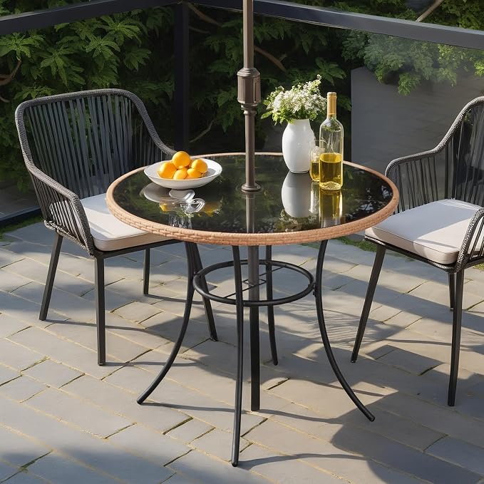 ECOTOUGE Outdoor Round Patio Desk, Wicker Dining Table with Umbrella Hole, Tempered Glass Top for 4-5 Persons, Bistro Rattan Furniture Garden Tables for Balcony, Backyard, Black