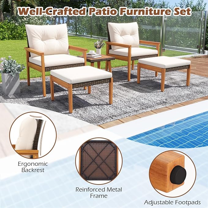 Tangkula 5 Piece Rattan Furniture Set, Wood Frame Chairs & Ottomans w/Square Coffee Table, Space Saving Cushioned Wicker Patio Conversation Set for Backyard, Poolside (Off White)