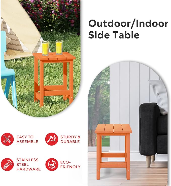 Costaelm Kids Outdoor End Table, Small Patio Table, Outdoor Side Table Porch Table Adirondack Patio Side Table for Outside, Pool, Porch, Garden, Orange