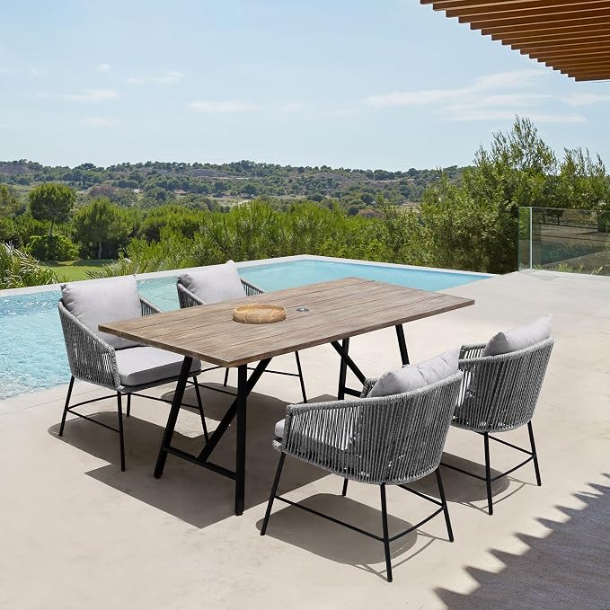 Armen Living Koala Outdoor Patio Light Eucalyptus Wood and Metal Rectangle Dining Table