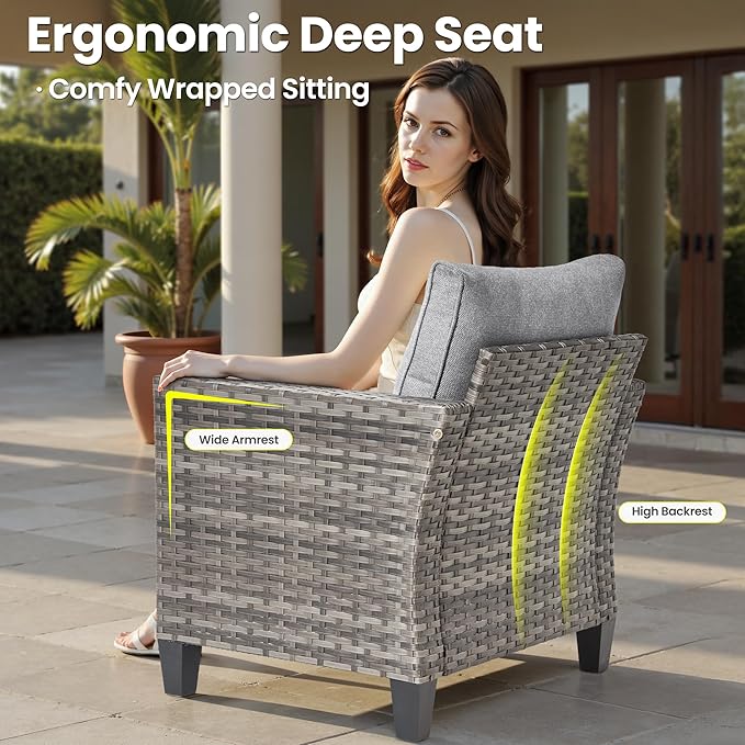 ovios 5 Pieces Patio Furniture Set, Outdoor Wicker Rattan Sofa Couch with Loveseat, Chairs, Glass Coffee Table, Conversation Sets for Yard Porch Garden, Dark Grey