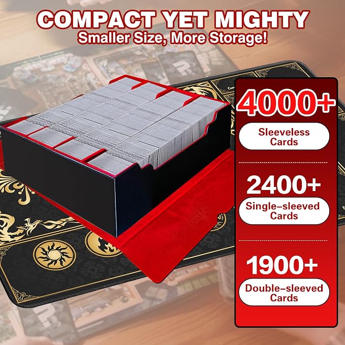 PROMAXIBINDER Trading Card Storage Box Fits 4000+ Cards, 4-Row MTG Commander Deck Case with Playmat, 6 Movable Partitions 24 Dividers PU Leather Magnetic Closure, Magic/TCG/YuGiOh/Sport (Black&Red)