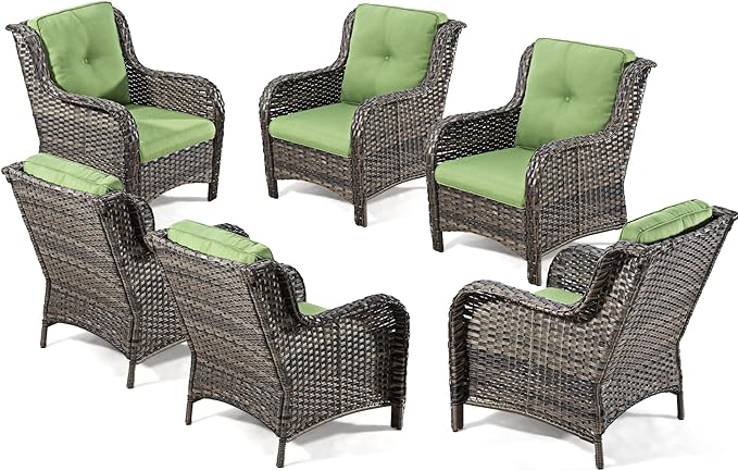 Outdoor Wicker Chair Rattan Patio Dining Chairs Set of 6 PE Wicker Patio Chairs with 4 inch Seat Cushions Patio Seating Chair for Garden, Backyard Swimming Pool, Balcony, Green