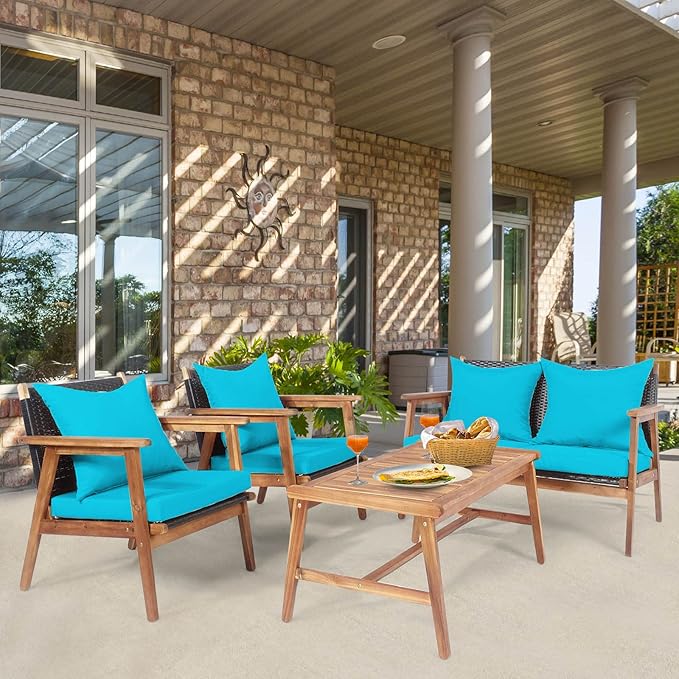Tangkula 4-Piece Patio Furniture Set, Outdoor Acacia Wood Conversation Set with Cushions and Coffee Table, Outdoor PE Wicker Sectional Sofa Set for Garden, Poolside and Backyard (1, Turquoise)
