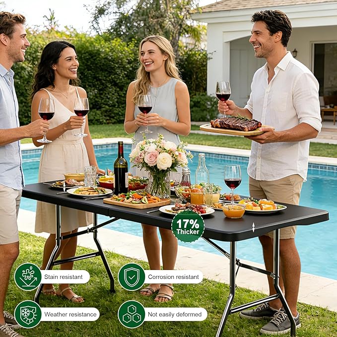 2 Pack 6FT Black Folding Table for Outdoor, 6 Foot Picnic Tables No Assembly Required Portable, Black Foldable Table for Camping, Parties, Meeting, Events, Wedding, with Carrying Handle