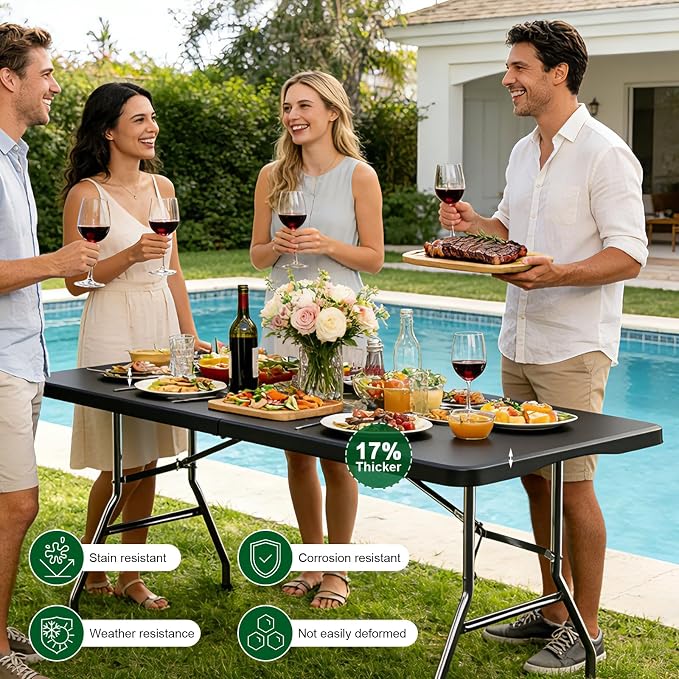 6FT Folding Tables – Heavy Duty Portable Foldable Picnic Table with Built-in Handle, 450 lb Capacity – Ideal for Events, Parties, Crafts, Camping & Dining (10-Pack, Black)
