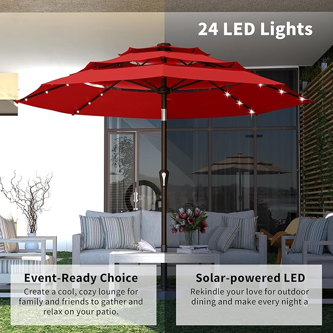 Kingdura 10ft 3-Tier Patio Umbrella with Solar Lights, Table Umbrella Outdoor Patio with Easy Crank & Tilt, 8 Sturdy Ribs, UV Protection, 32 LED Lights for Deck, Poolside, Market (Red)